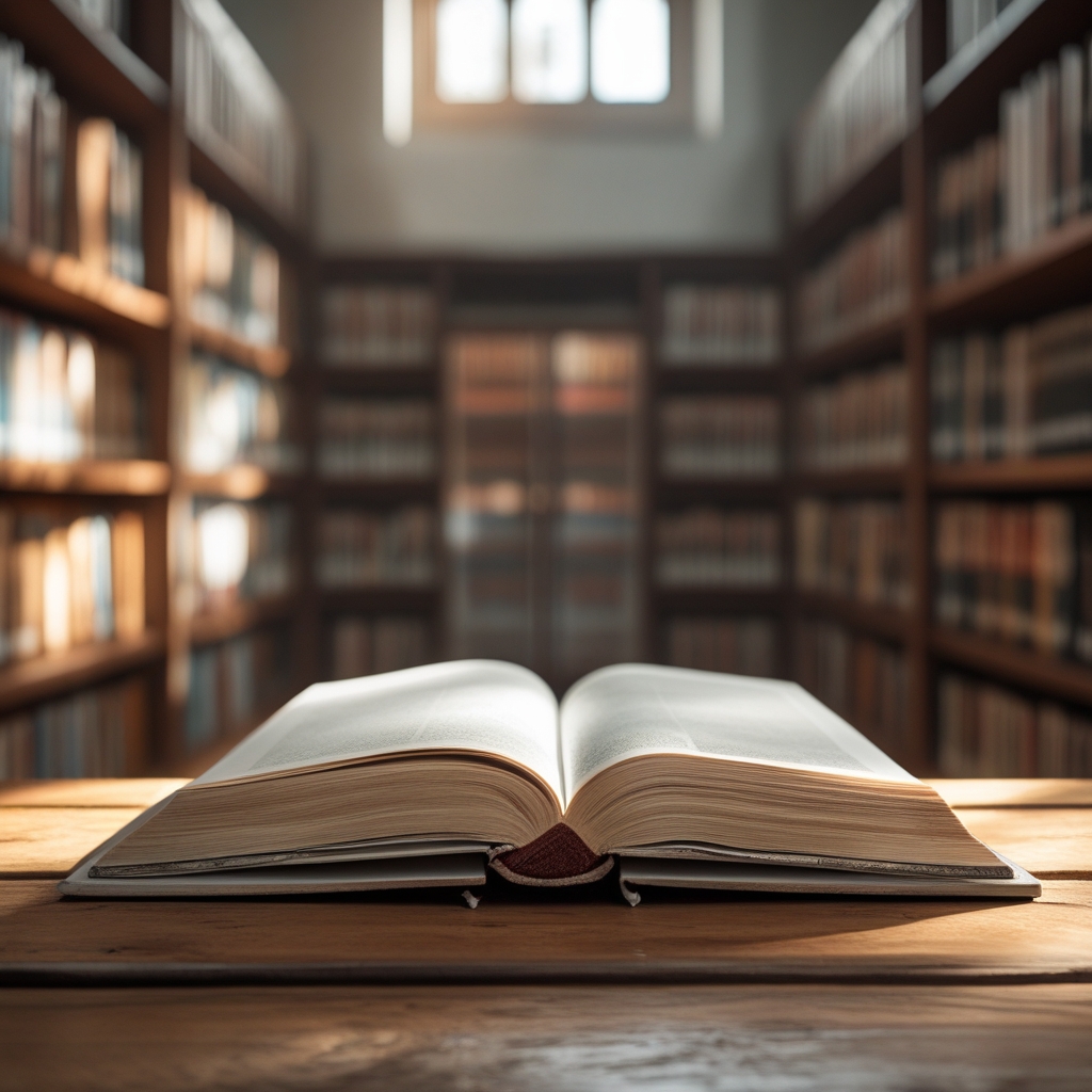 Ruhiger Lernraum mit einem offenen Buch auf einem Holztisch, sanftes Seitenlicht durch ein Fenster, Bücherregal im Hintergrund, warme erdige Töne und klare strukturierte Atmosphäre