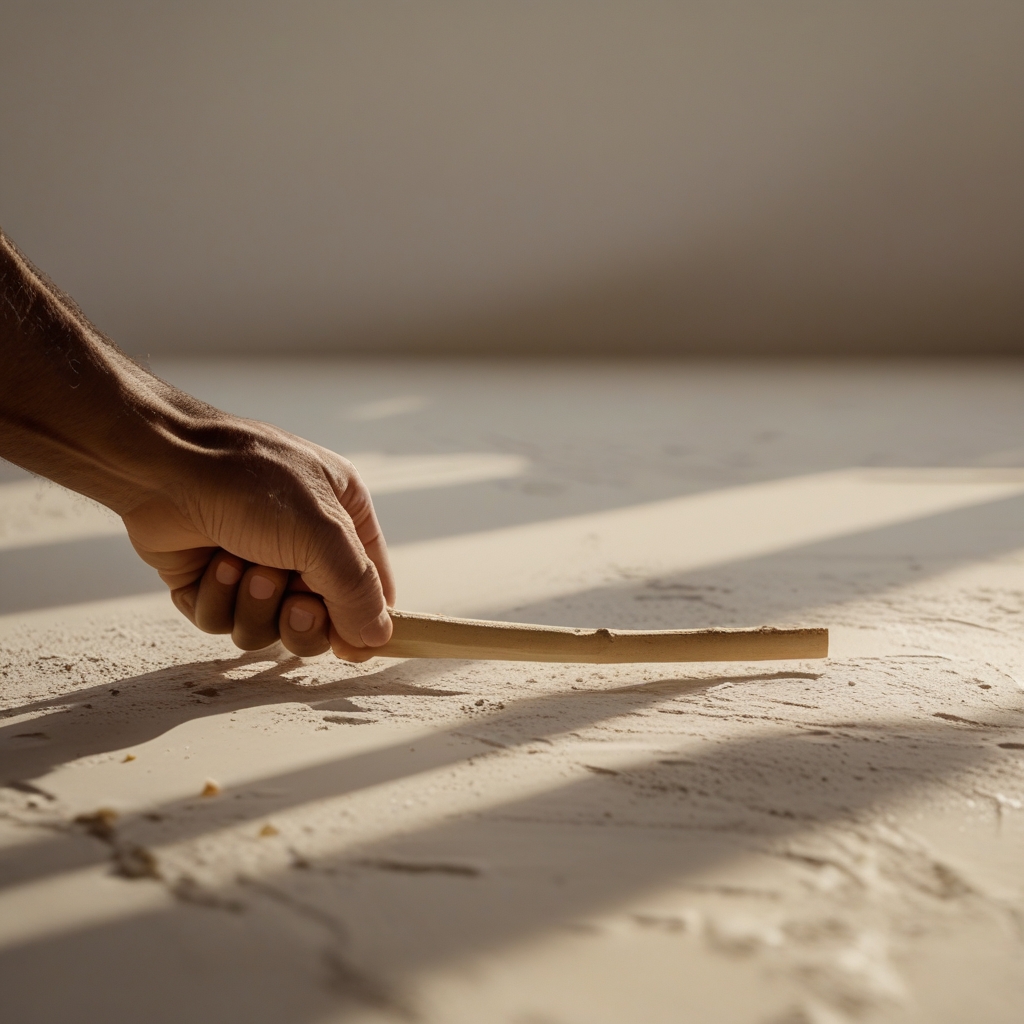 Nahaufnahme von Händen, die eine einfache Holzstange greifen bei einer langsamkontrollierten Bewegungsübung in einem hell beleuchteten minimalistischen Raum