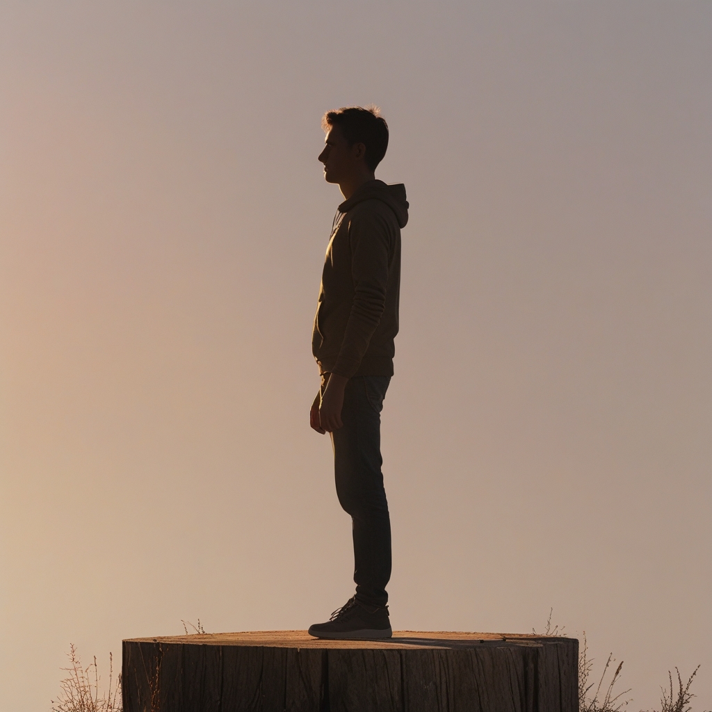 Silhouette einer Person in einer ruhigen, kontrollierten Gleichgewichtspose auf einer Holzplattform, umgeben von sanft beleuchtetem Naturraum mit warmen Schatten und tiefer Tiefenschärfe