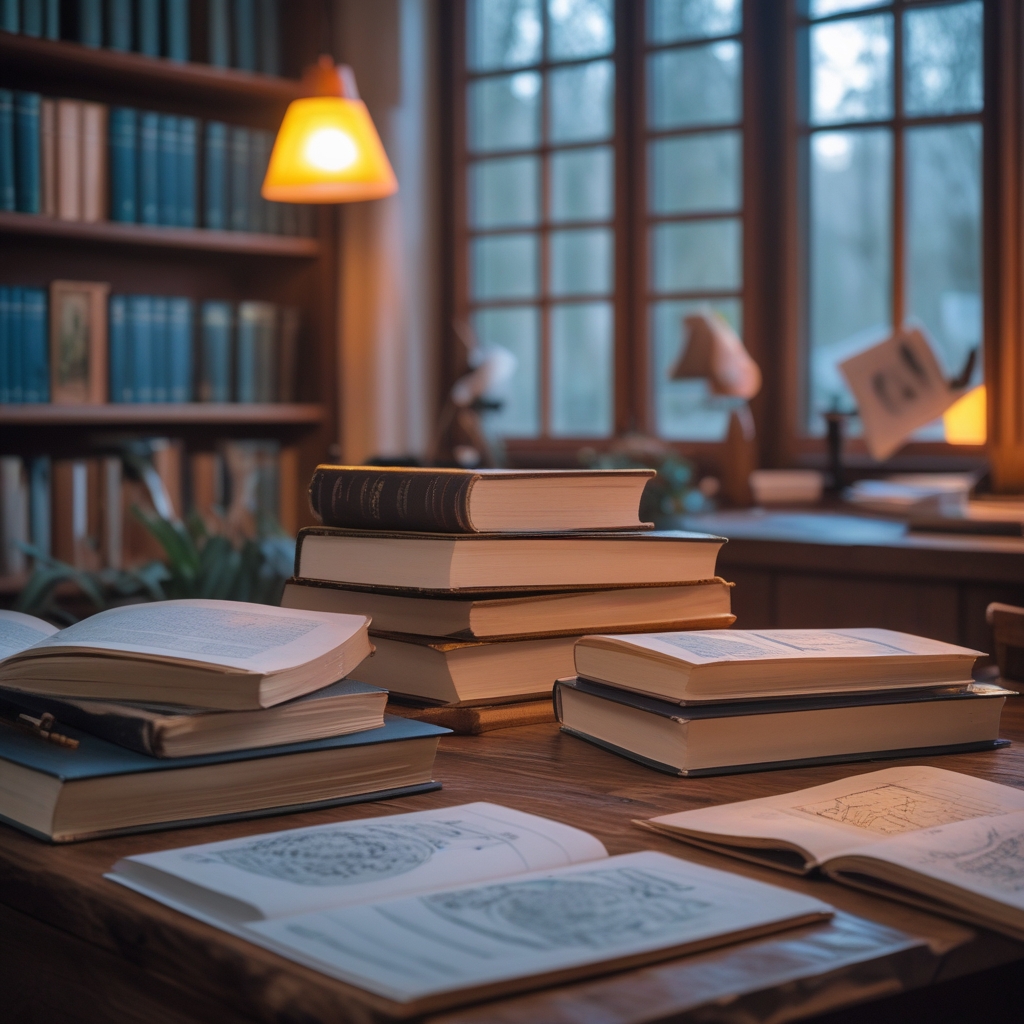 Mehrere aufgeschlagene wissenschaftliche Bücher und Diagramme auf einem Holztisch in einem ruhigen Arbeitszimmer, warmes Lampenlicht beleuchtet die Seiten, strukturierte akademische Atmosphäre